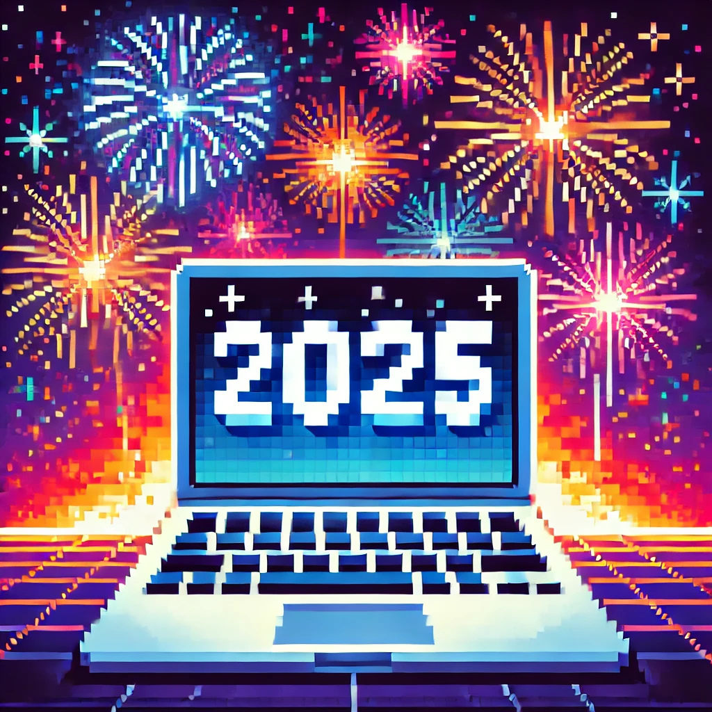 A laptop with 2025 in the screen and fireworks in the background